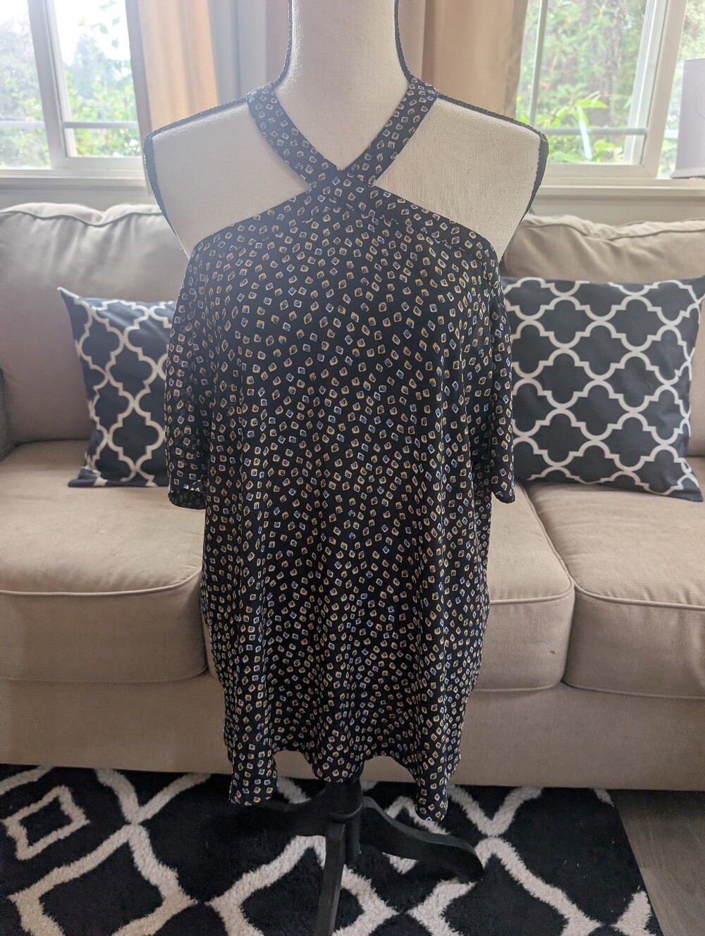Printed Cold-Shoulder Halter Blouse with Crisscross Neckline